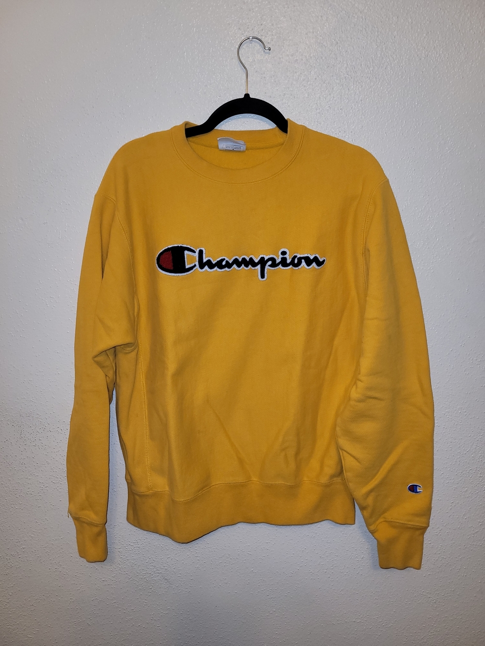 Champion Reverse Weave Chenille Script Crewneck Sweatshirt Gold Men's M